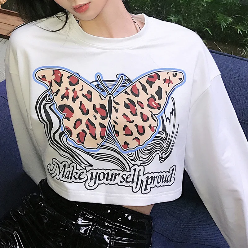 

Сезонные винтажные укороченные топы С Рисунком бабочки и букв, осенние свободные белые свитшоты с круглым вырезом и длинным рукавом ASHO81975