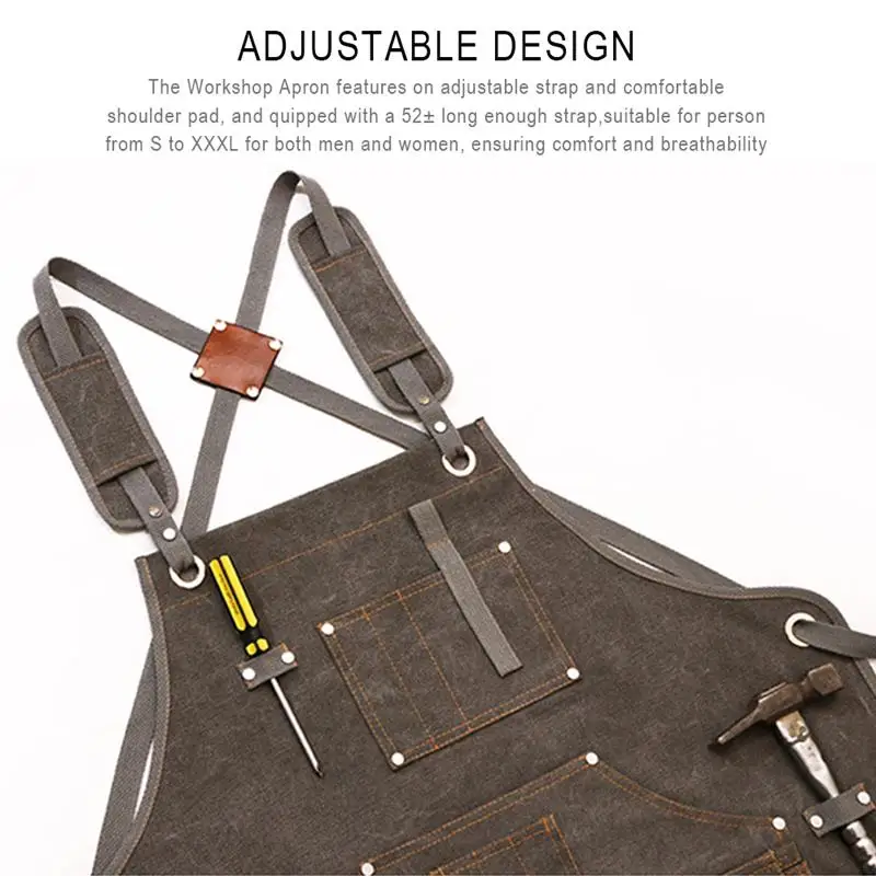 

New Tool Apron Adjustable Durable Duty Unisex Canvas Work Apron With Tool Pockets Cross-Back Straps For Woodworking Painting