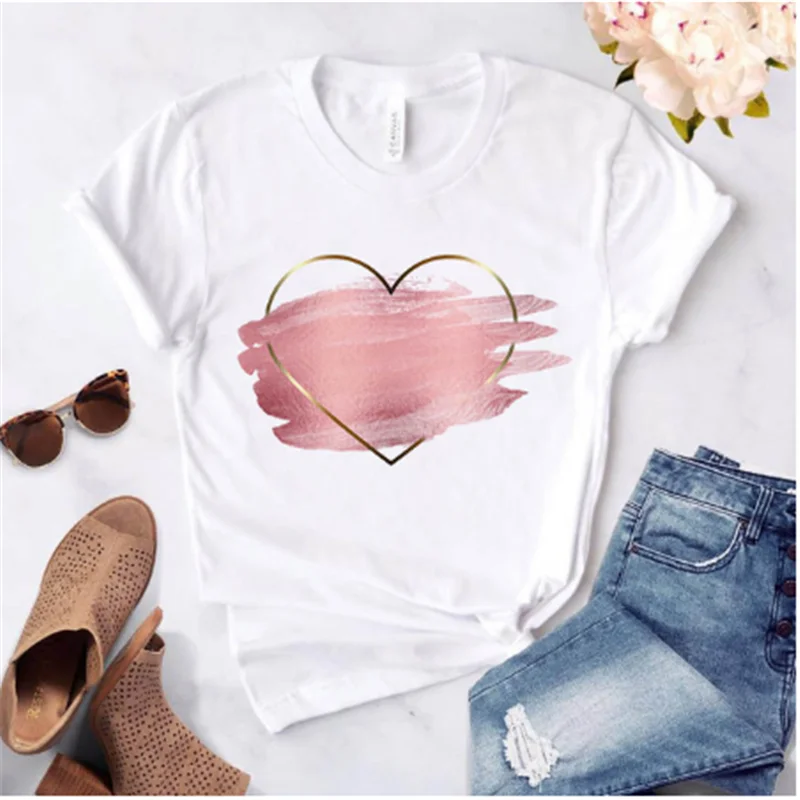 Женская футболка AOWOF белая Базовая с круглым вырезом и принтом сердца коротким