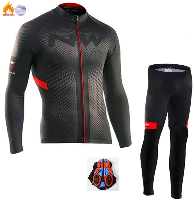 Winter Cycling Suit Northwave Winter thermal fleece Cycling Clothes NW men's Jersey suit outdoor riding bike MTB clothing warm Bib Pants set - Color: Winter Cycling Suit