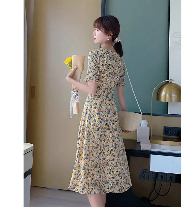 

French Style Vintage Squared Collar Yellow Chiffon Short Sleeve Floral Dresses for Women S M L XL