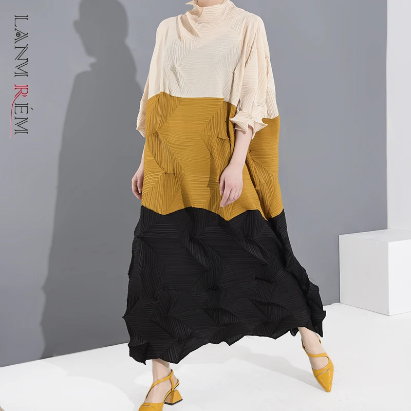 Платье LANMREM женское свободное с воротником-стойкой модное контрастное блестящее