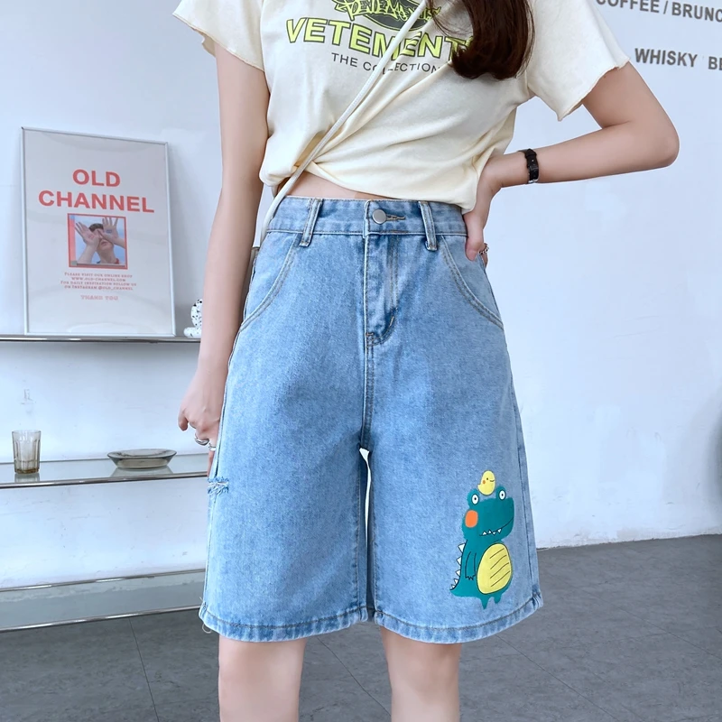 

Summer Jeans Shorts Women Cartoon Print Loose Straight-Leg Pants Female Korean Style BF All-Match Casual Shorts 2021