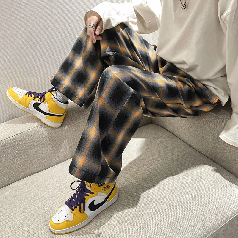 

Брюки мужские из полиэстера, свободные широкие штаны в клетку, повседневные эластичные штаны до щиколотки, с кулиской, в стиле Харадзюку