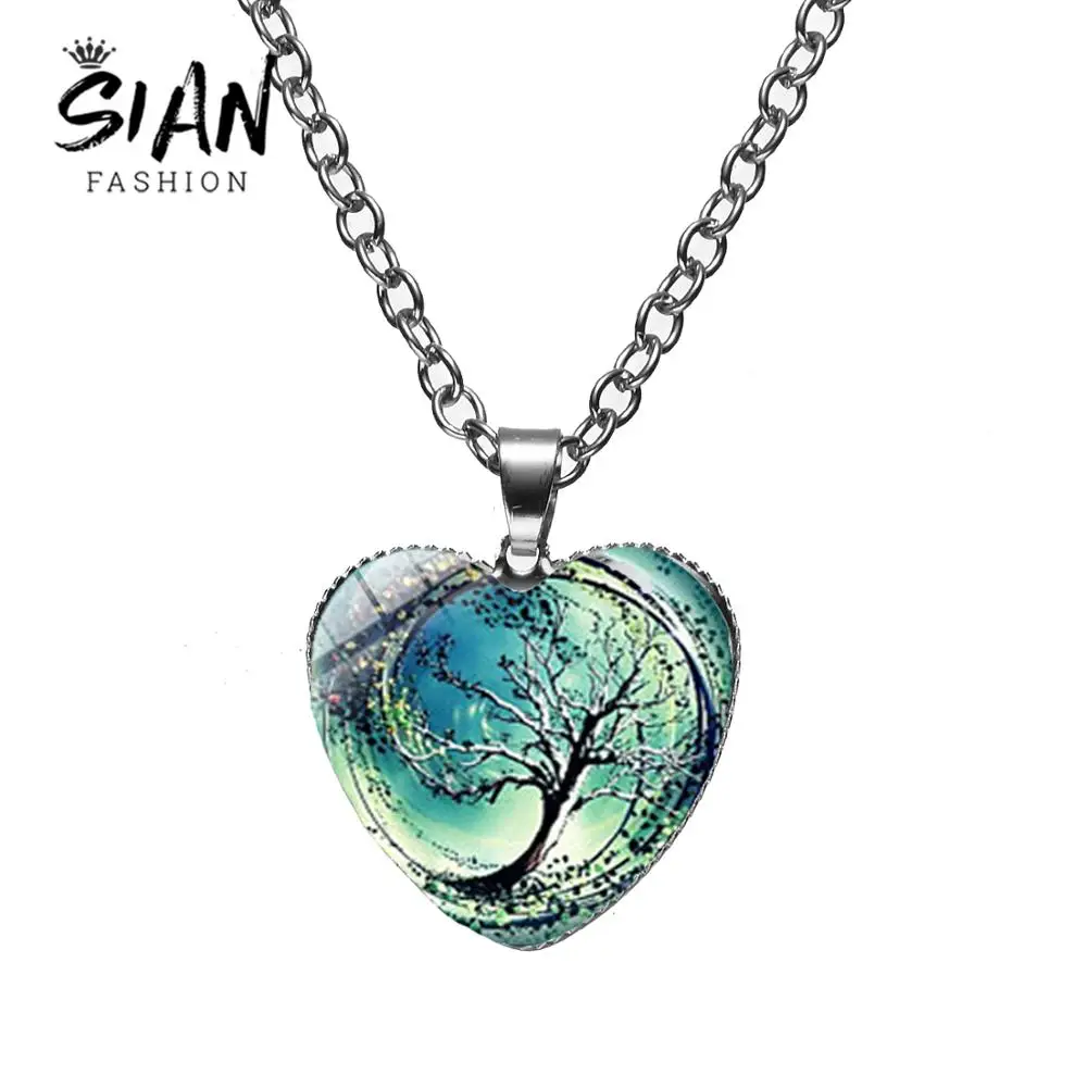 

SIAN New Divergent Tree Heart Necklace Tree of Life Glass Cabochon Colorful Plant Pendant High Quality Women Lady Party Jewelry