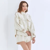high waist shorts loose sets casual two piece set for women stand collar lantern long sleeve tops female tide