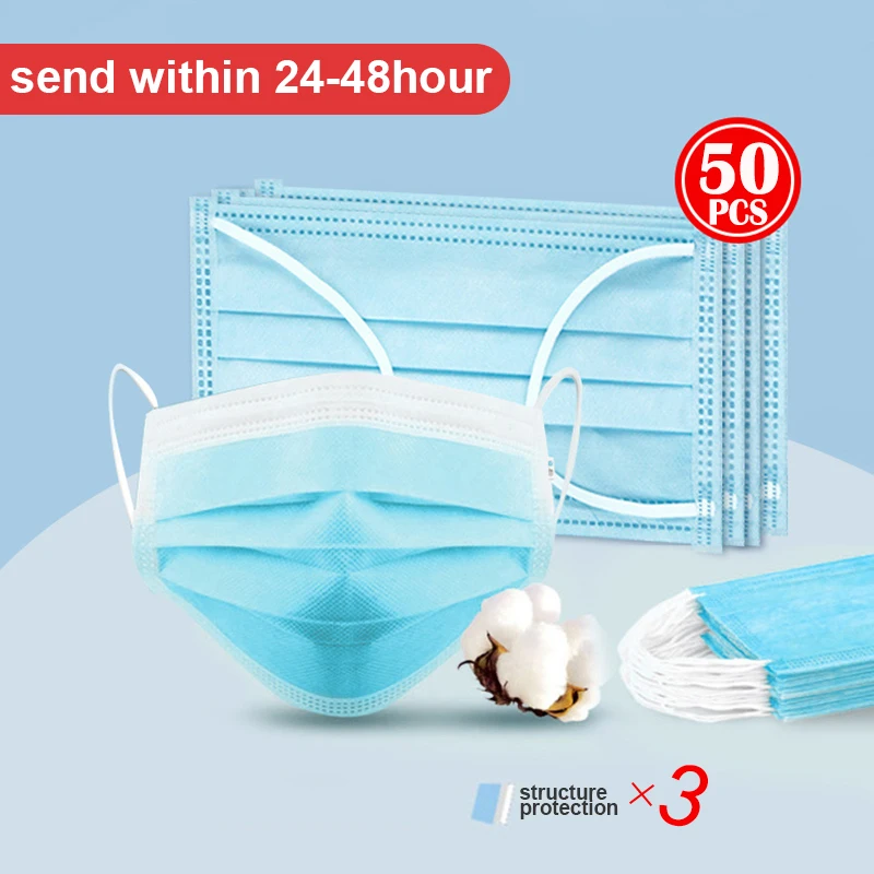 Одноразовая маска для лица 50 шт. защитная противозагрязняющая респиратор маски