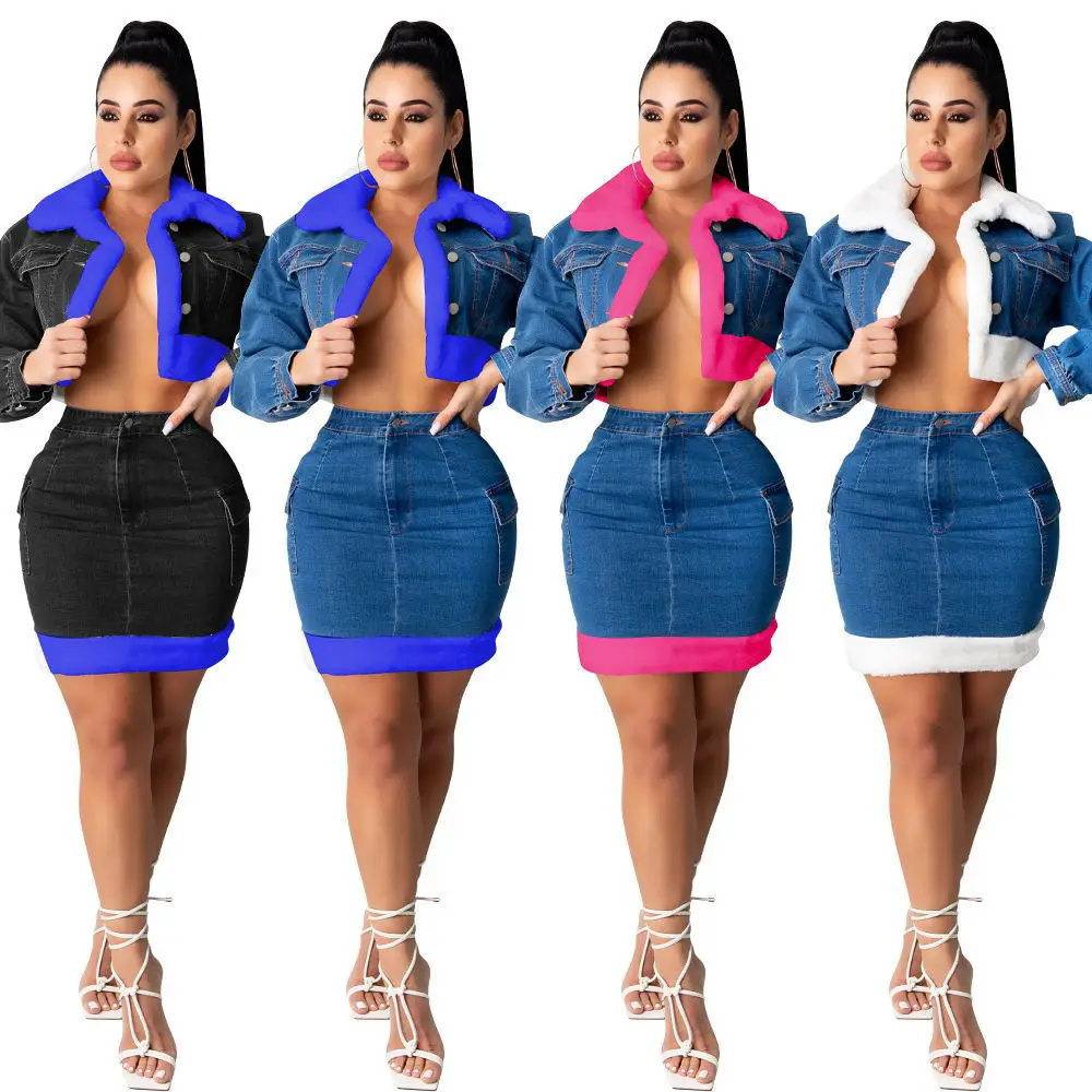 

2021Spring Casual Women Jeans Skirt Set Jacket Coat + Mini Dress Streetwear Party Night Tracksuit For Women Outfit