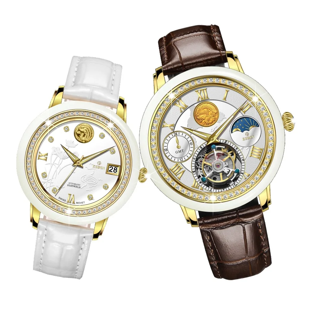 100% покрытие из настоящего белого нефрита фаза Луны Турбийон мужские бриллиант 24K