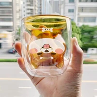 shiba inu dog cup double wall glass coffee mug cartoon cute dog milk juice kawaii drink cup home cafe tazas best gift to friends