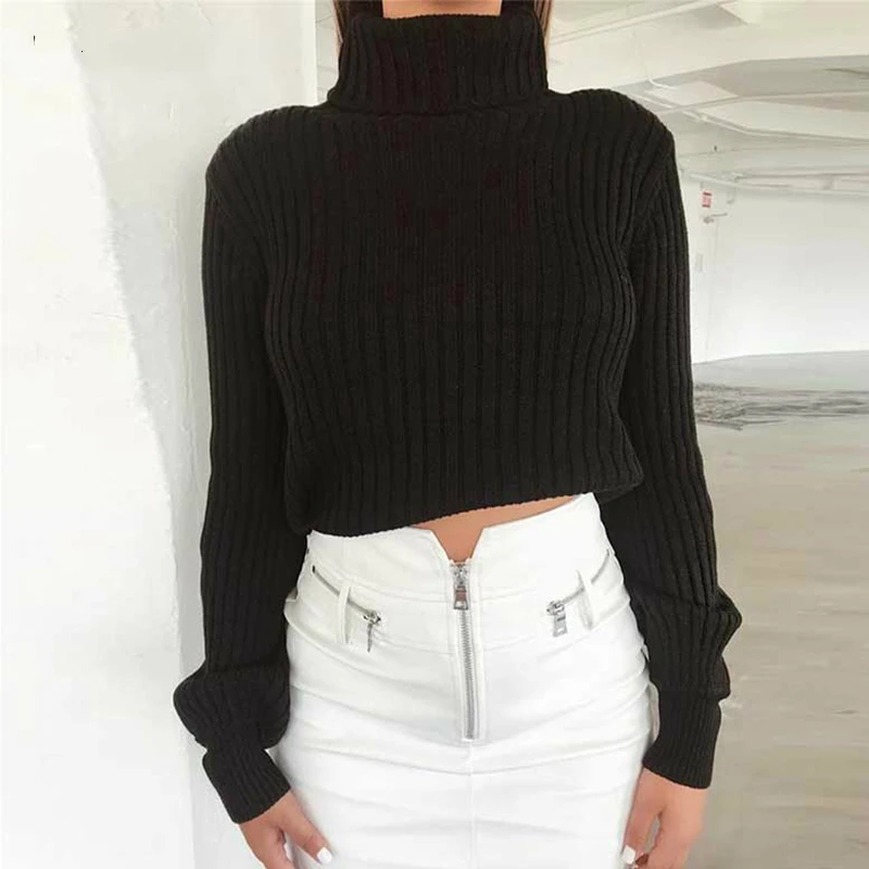 Women Casual Sweaters Cotton Winter Long Sleeve Crop Top 2020 Autumn Knitted Pullover Ladies High Neck Female Mujer | Женская одежда