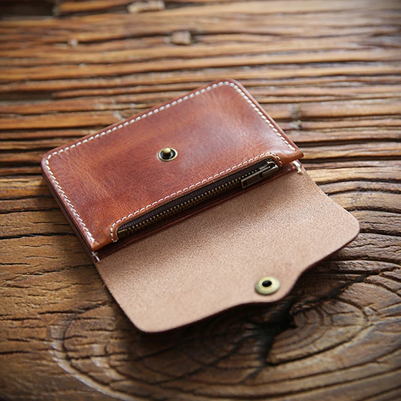 

100% Genuine Leather Wallet For Men Male Vintage Handmade Short Slim Small Purse Card Holder Money Bag With Zipper Coin Pocket