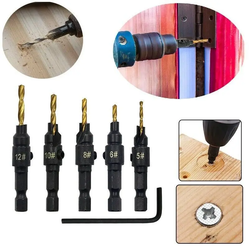 

5pcs Countersink Drill Woodworking Drill Bit Set Drilling Pilot Holes Drill Woodworking Tools For Screw Sizes #5 #6 #8 #10 #12