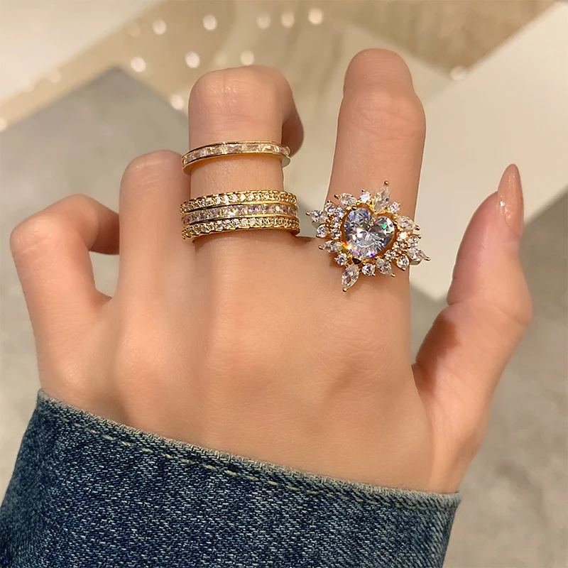 

Brass With 18 K Gold AAA Zircon Heart Ring Women Jewlery Designer T Show Club Cocktail Party Rare Japan Korean