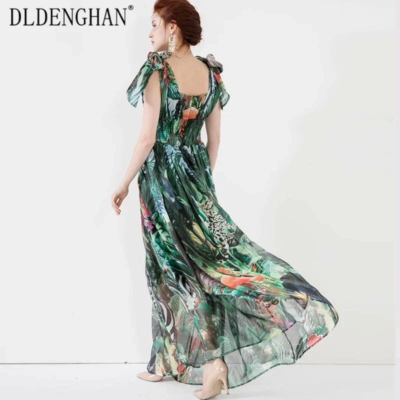 

DLDENGHAN Fashion Print Maxi Dresses Women elegant Bow Elastic Waist Big swing party Dress Designer Spring Summer New