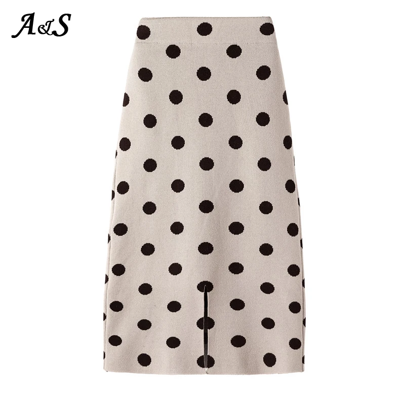 

Anbenser Knit Women Skirt Polka Dot Pencil Skirts Female Autumn High Waist Bodycon Vintage Split Thick Stretchy Sweater Skirt