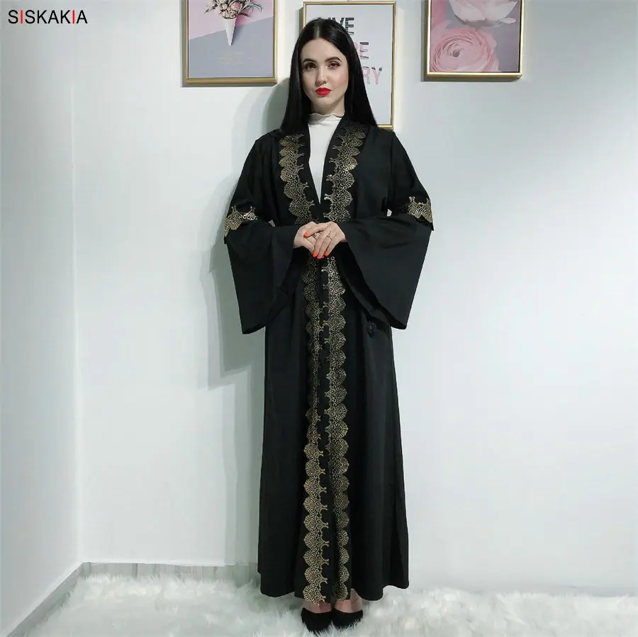 Siskakia мусульманское платье абайя черное Горячее тиснение печать открытые платья для женщин Арабский Кимоно размера плюс расклешенный рукав с поясом