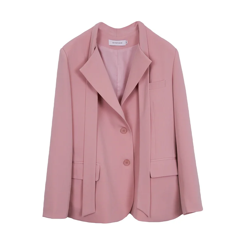 

SHENGPALAE Temperament Pink Blazer Women's Spring Autumn 2021 New Scarf Collar Loose Single Breasted Long Sleeve Suit Coat Tide