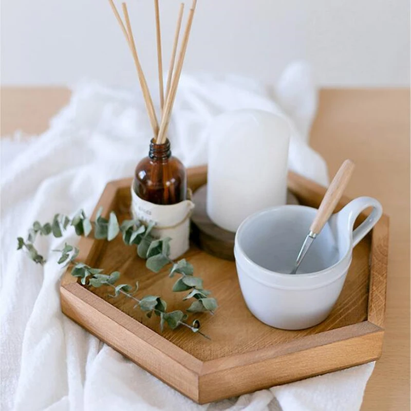 

Nordic Wooden Hexagonal Tray Teacup Food Fruit Dessert Storage Stand Jewelry Display Organizer
