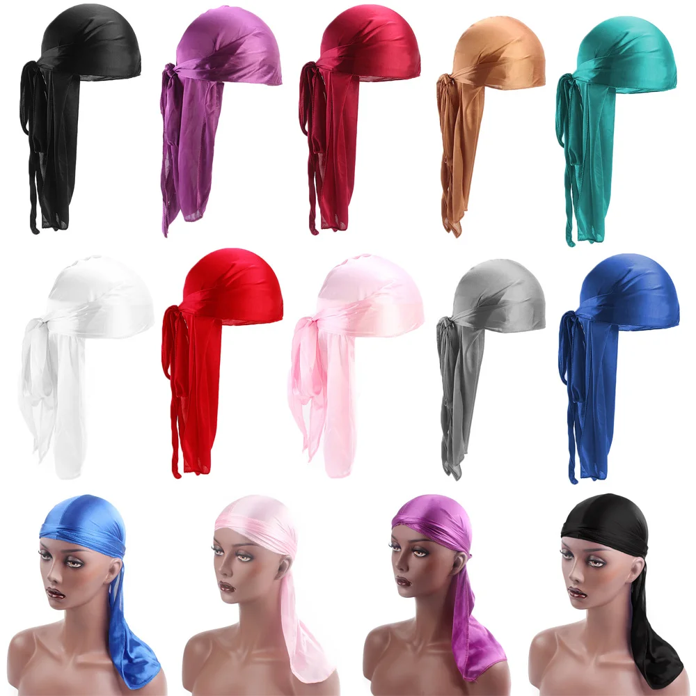 

Men Women Adjustable Bandana Pre-Tied Elastic Silk Durag Turban Hijab Chemo Cap Pirate Hat Cancer Head Scarf Headwrap