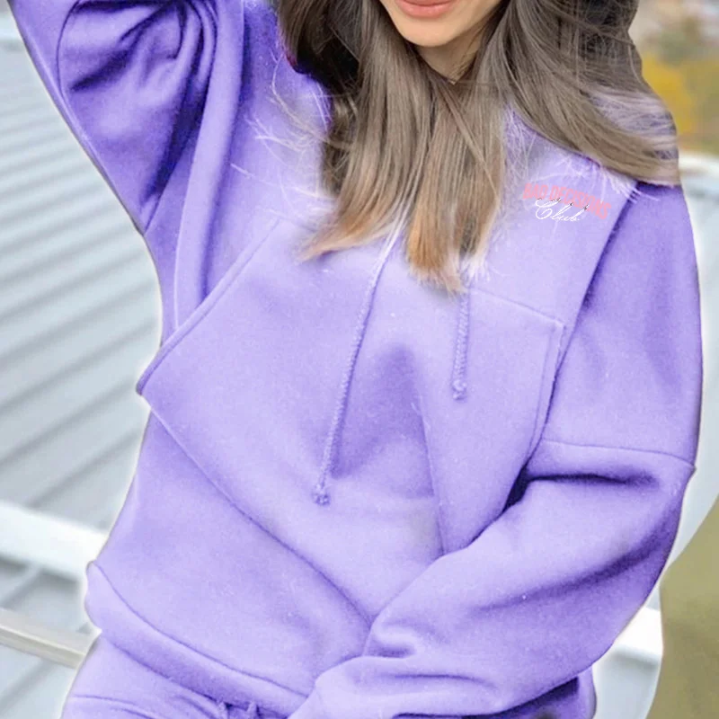 

Women's Tracksuit Suit Letter Print Fleece Pocket Female Hoodies Suits Long Sleeve Drawstring Top Long Pants Casual Ladies Set