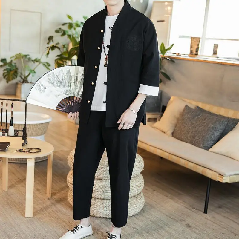 

Plus Size 5XL 4XL Traditional Chinese Style Tracksuit Men Casual 3/4 Sleeve Shirt + Ankle Pants Two Piece Set Man Clothing