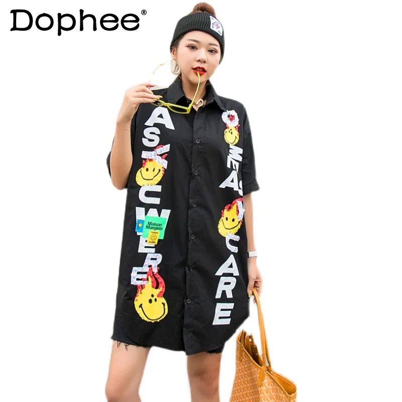 

Модная Свободная рубашка в европейском стиле, блузка со смайликом и блестками со стразами, женские блузы с принтом, элегантный кардиган с коротким рукавом