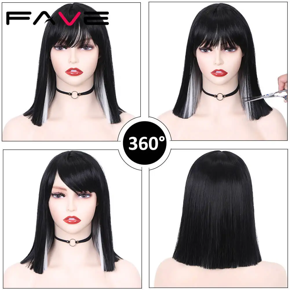 Парик FAVE черно белый с челкой синтетические парики для косплея белых женщин и