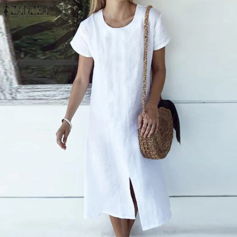 

Платье ZANZEA женское однотонное с круглым вырезом, хлопково-льняная рубашка с коротким рукавом, Повседневный Сарафан средней длины с разрезо...