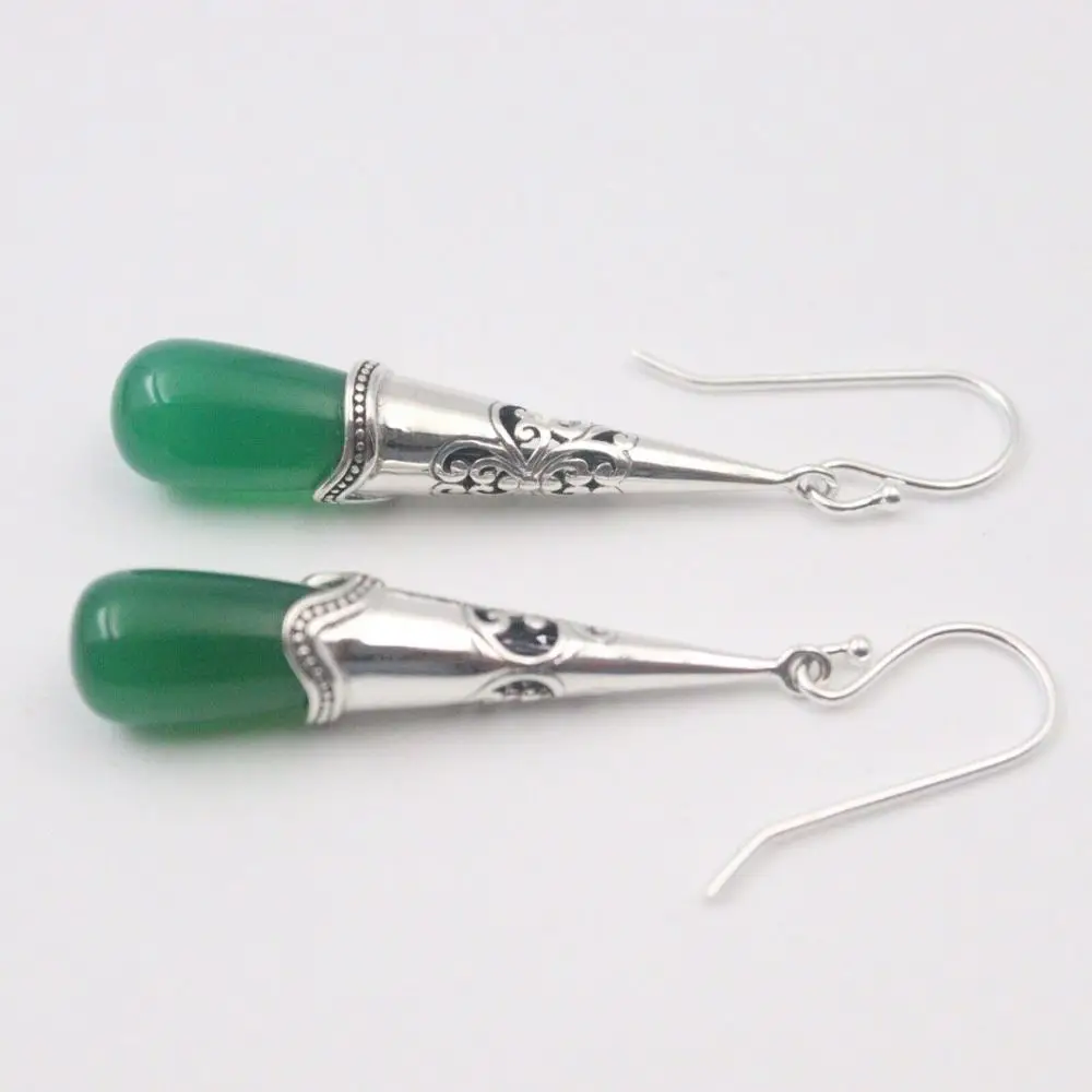 

Pure S925 Sterling Silver Dangle Green Jade Carved Pattern Long Raindrop Earrings Women Lucky Gift
