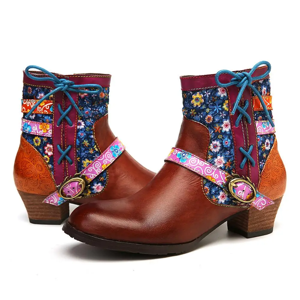 SOCOFY Folkways Small Flowers Genuine Leather Splicing Zipper Low Heel Short Boots Elegant Ladies Shoes Women Botines Mujer 2020 | Обувь