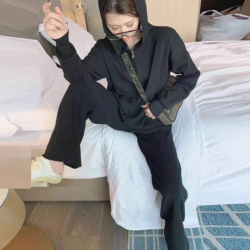 

Double Dlider Zipper Hooded Cardigan Basic Straight Leg Trousers Fashion Solid Knitted 2-Piece Suits Women 2021 New Spring Sets