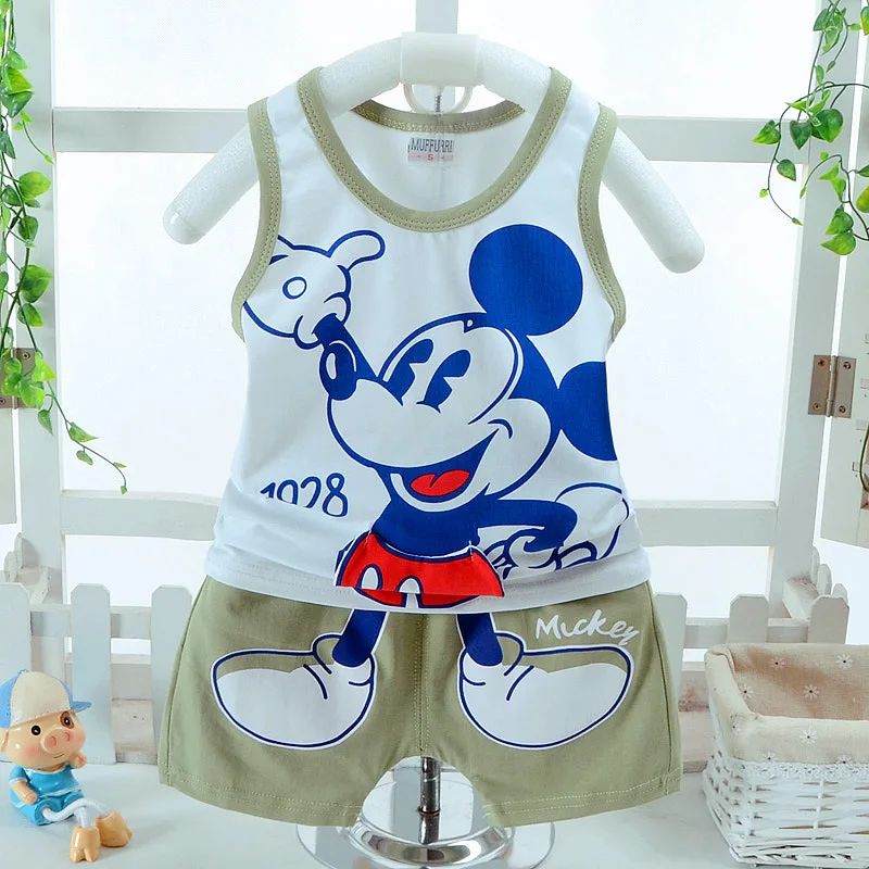 Одежда для младенцев; комплект одежды для маленьких мальчиков; футболка без рукавов с рисунком Микки Мауса+ шорты; костюмы; модные детские комплекты одежды из хлопка