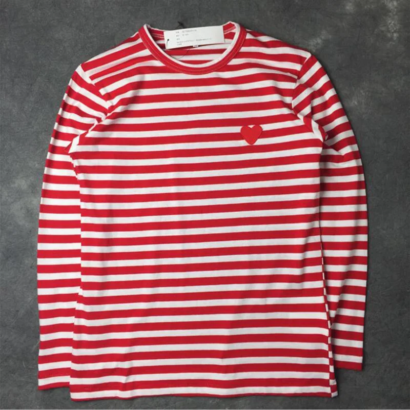 

Summer Autumn Couple Love Peach Stripes Long Sleeve Round Neck Embroidery T-shirt Men Women Cotton Loose T-shirt