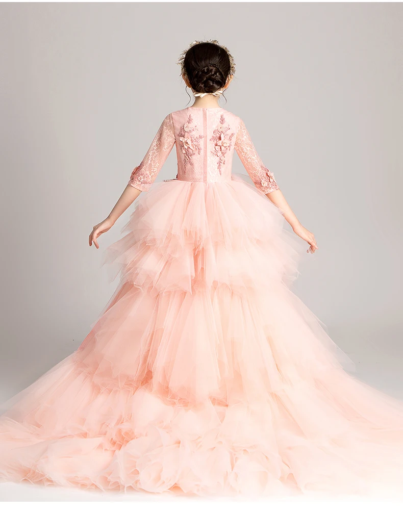 

Elegant Girls Princess Dress Long Trailing Children Evening Party Dress Pink Tulle Appliques Princess Flower Girls Wedding Gown