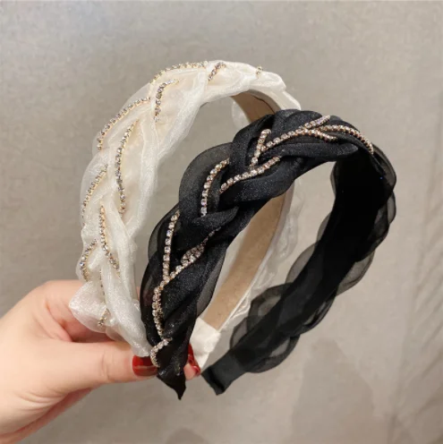 

Spring and summer new lace ribbon diamond wide side fashion simple wild headband cross braid headbands