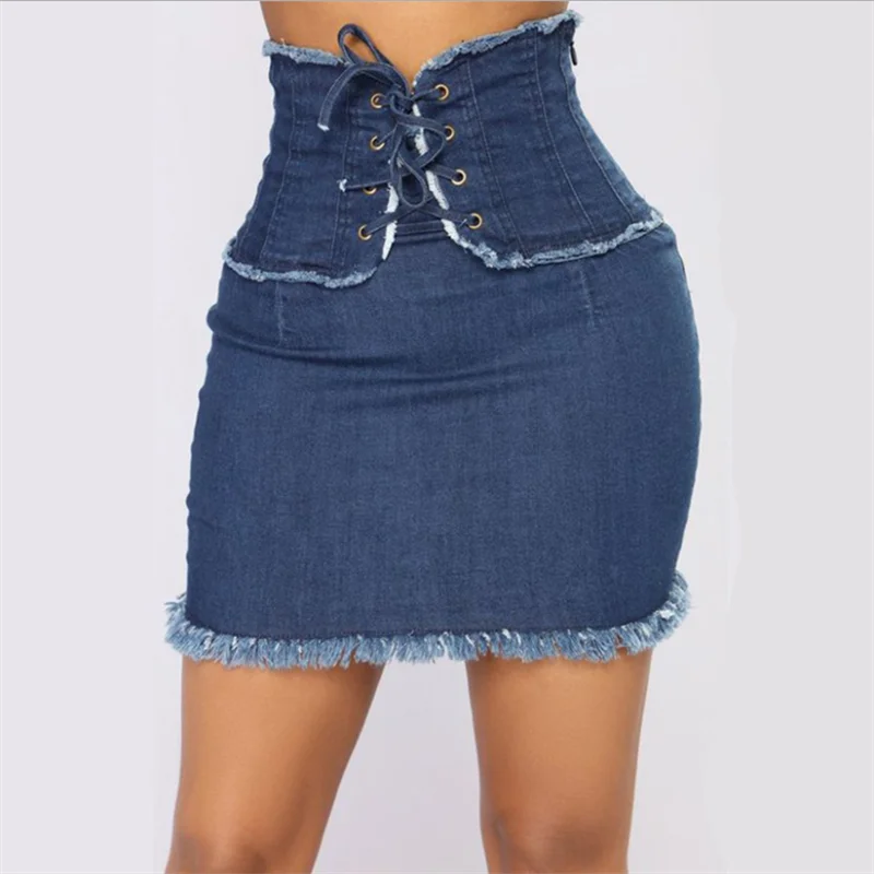 

Sexy Denim Skirt High Waist Pencil Mini Skirt Women High Street Pocket Bandage Jeans Skirt Style Waist Stretch Denim Short Skirt