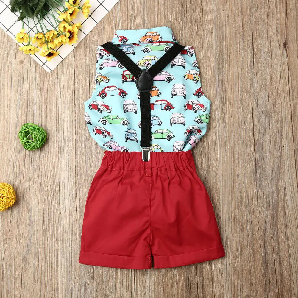 2PCS Kids Baby Boy Gentleman Clothes Cartoon Car Tops Shorts Outfits Set Summer |