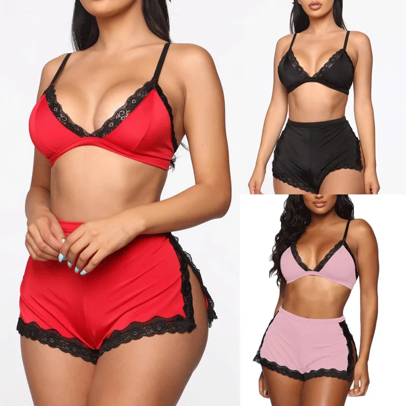 

Sexy Women Lace Deep V-neck Lingerie Lace Bra Crop Tops High Waist Split Shorts Set Women Babydoll Nightwear Sleepwear Underwear