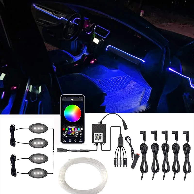 

Атмосферное освещение для автомобиля, внутренсветильник освещение, оптоволоконные ленты светильник помощью приложения, музыкальная оптов...