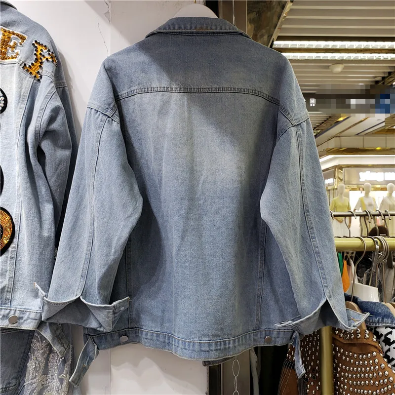 

2021 INS Spring Denim Jacket Fashion Lady New Style Tops Sequined Flowers Beading Pine Needles Sleeve Loose Women Denim Coat