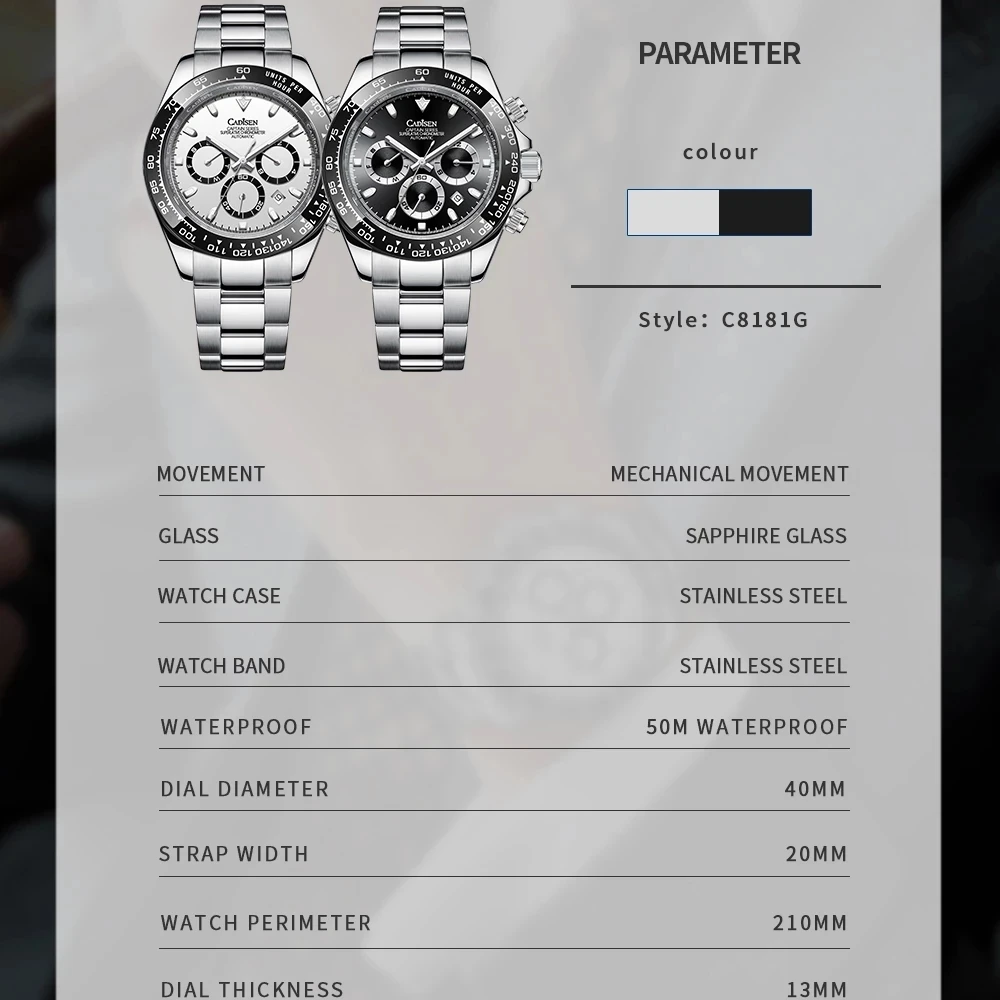 

2021 CADISEN New 40mm Men's Automatic Mechanical Watch Fashion Luxury Watch Multifunctional Waterproof Chronograph Herrenuhr