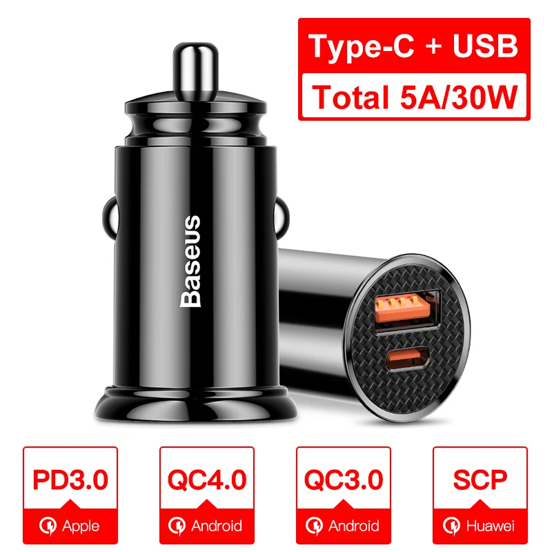 Baseus Mini USB Автомобильное зарядное устройство для мобильного телефона планшета gps 3.1A быстрое зарядное устройство автомобильное зарядное устройство двойной USB автомобильный адаптер зарядного устройства для телефона в автомобиле - Тип штекера: BLACK 1USB 1TYPE C
