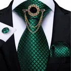 Новая модная Зеленая Мужская брошь галстук в клетку набор мужских шелковых галстуков Свадебная вечеринка галстук носовой платок запонки набор роскошный галстук DiBanGu