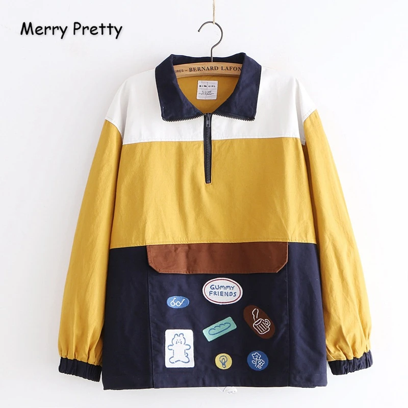

Merry Pretty Women's Cartoonn Embroidery Funny Jackets 2020 Winter Long Sleeve Turndown Collar Vintage Patchwork Pullover Coats