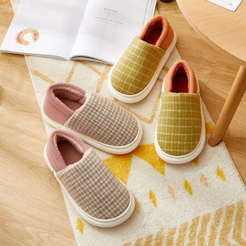 Home Slippers For Women Winter Striped Plaid Couple Cotton Shoes Ladies Casual Plush Slippers Anti-slip Thick Sole Platform Shoe