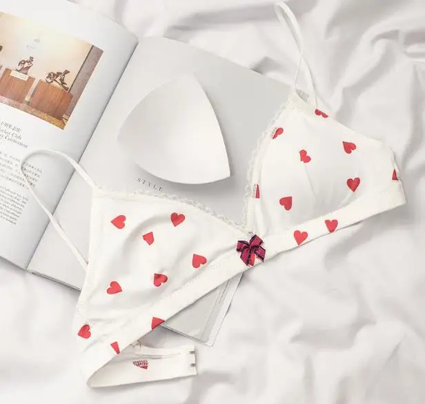 white bra Wriufred/милое нижнее белье для девочек, комплект одежды с принтом «любовь», свободное белье, тонкие чашечки, удобные, пикантные, кружевные, с милым бантом, бюстгальтер - Цвет: white bra
