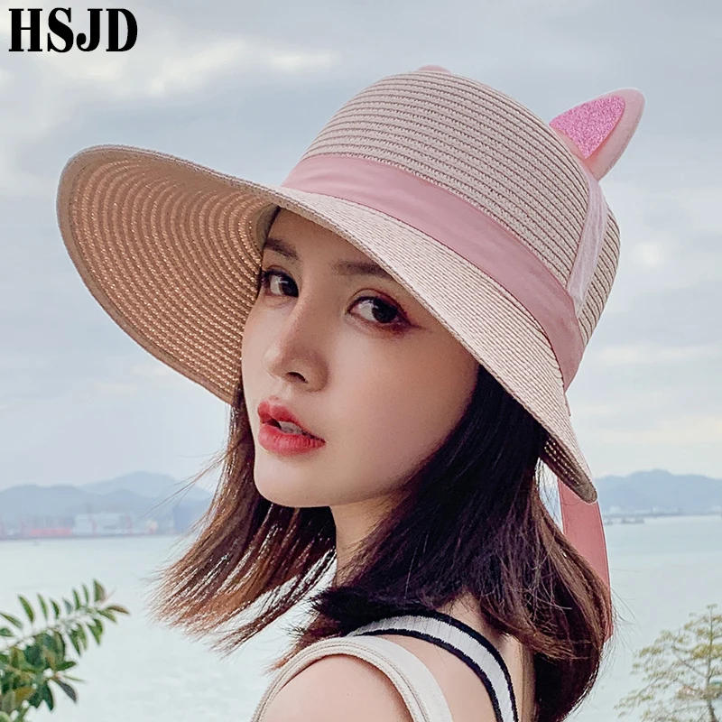 Пляжная соломенная шляпа с большими широкими полями и милыми кошачьими ушками
