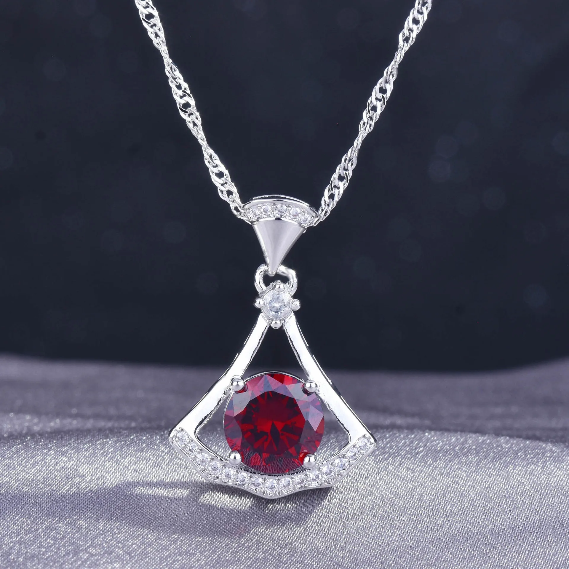 

925 Silver Color Small Skirt Pendants Fashion Zircon Ruby Necklace For Women Fashion Brand Match all Costume Jewelry Necklaces