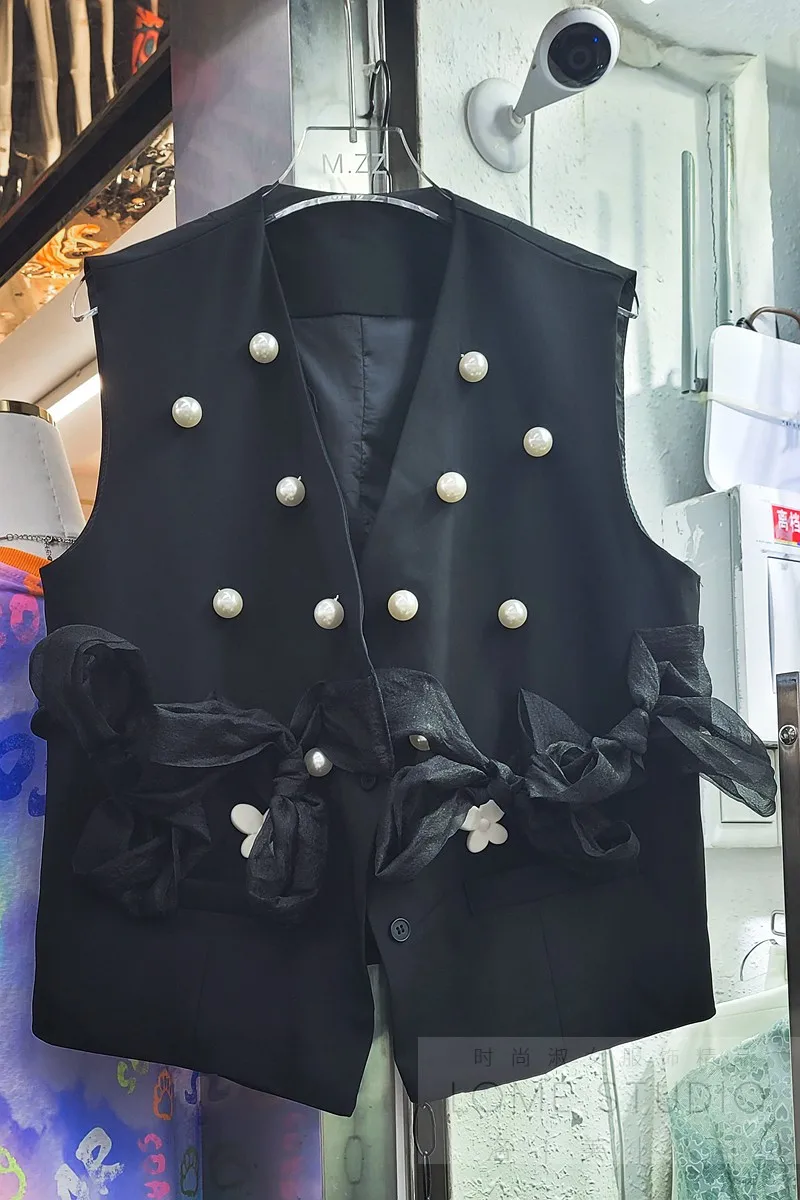 

Summer Loose Pearl Bow Vest for Women Black V Neck Single Breasted Casual Hacket Vest Female Loose Vest Coat